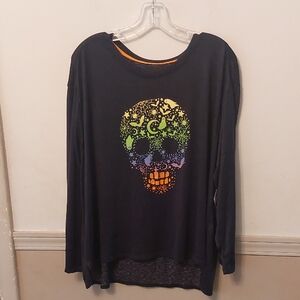 Celebrate Halloween Black Sugar Skull Long Sleeve Thin Casual Shirt Sz 2X